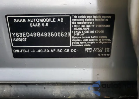 2008 Saab 9-5 2.3T from USA, damaged, VIN YS3ED49G483500523